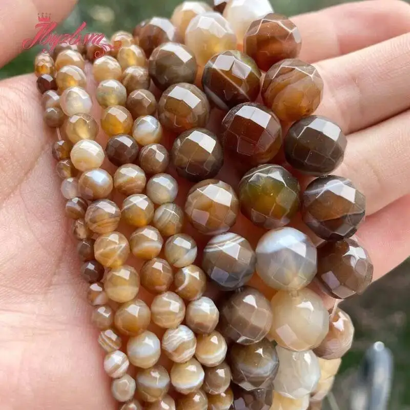 6mm/8mm/10mm Round Faceted Stripe Brazil Agate Natural Stone Beads For Jewelry Making DIY Necklace Bracelet 7 Inches/15Inches