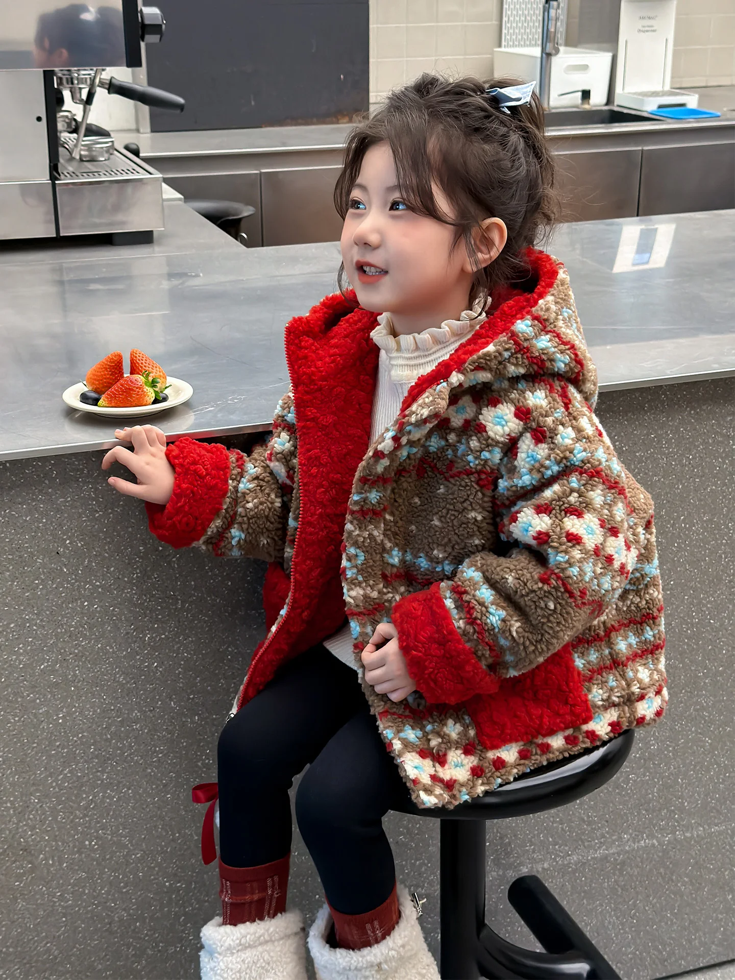 

Cute Girl's Lamb Fur Jaet Autumn Winter Sle Children's Winter Clothes New Year Visiting Outfit Thiened Long Sve Zipper