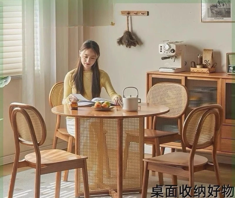 

Small apartment solid wood rattan dining table table and chairs balcony casual walnut