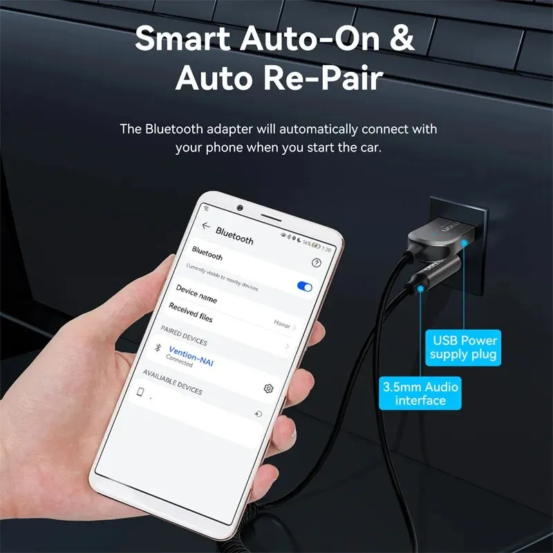 Vention-Adaptador auxiliar Bluetooth 5,3, receptor inalámbrico Bluetooth para coche, USB a conector de 3,5mm, micrófono de Audio, adaptador manos
