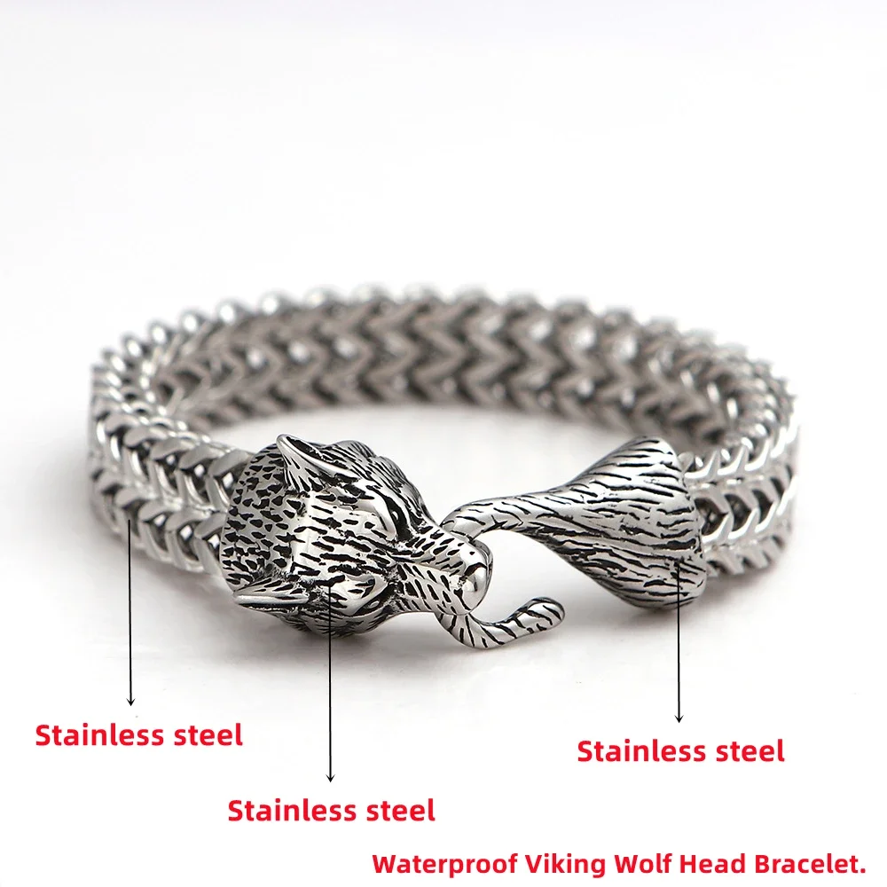 Top Quality Viking Punk 316L Stainless Steel Wolf Head Bracelet Men's Jewelry Franco Chain Vintage Hip Hop Jewelry