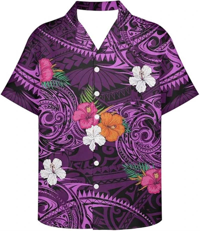 

Мужские пляжные рубашки с коротким рукавом и 3D-принтом в полинезийском стиле, повседневные гавайские футболки на пуговицах, мужские оверсайз-топы, одежда