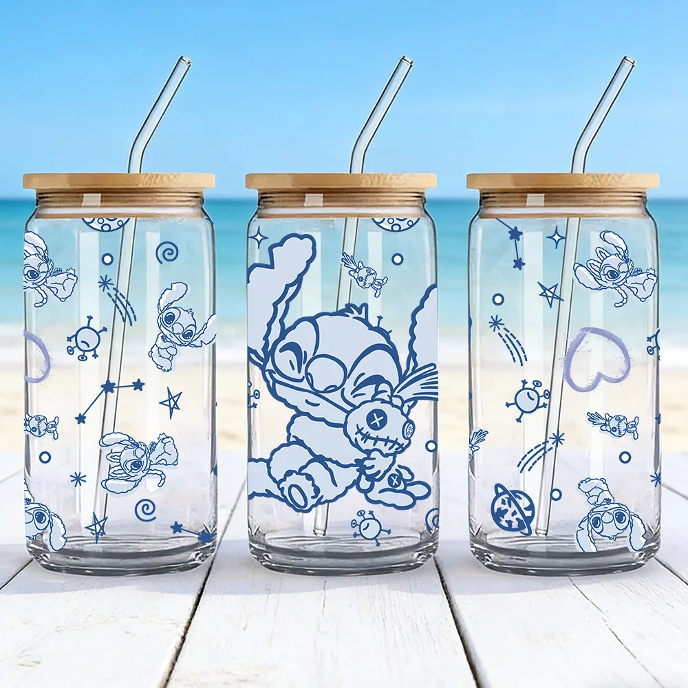 1pc 16oz Stitch Glass Tumbler with Bamboo Lid & Straw, Cute Cartoon Borosilicate Glass Cup for Iced Coffee Juice Home Office view 6