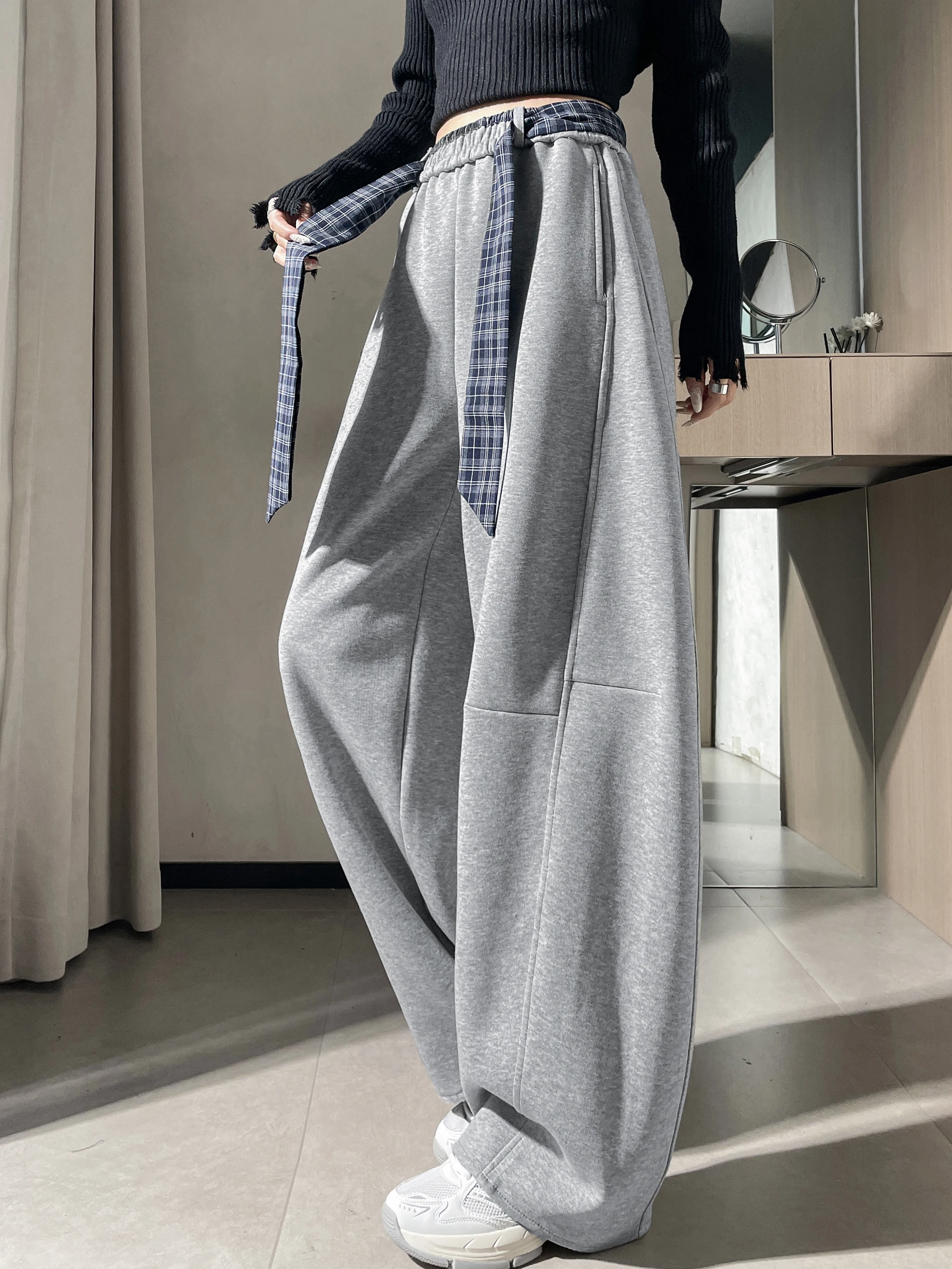 Ay Fce doublé Thiened pantalon à jambes larges femmes hiver taille haute ample sport décontracté longueur au sol pantalon