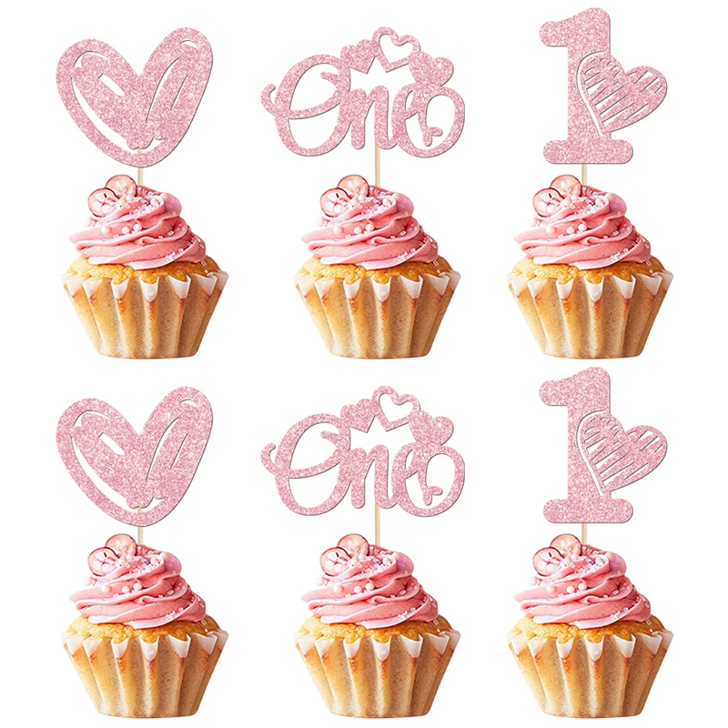 YOMDID 24Pcs Valentine's Day Cupcake Picks 1st Birthday Cupcake Toppers One Love Heart Picks Cake Decorations Party Supplies