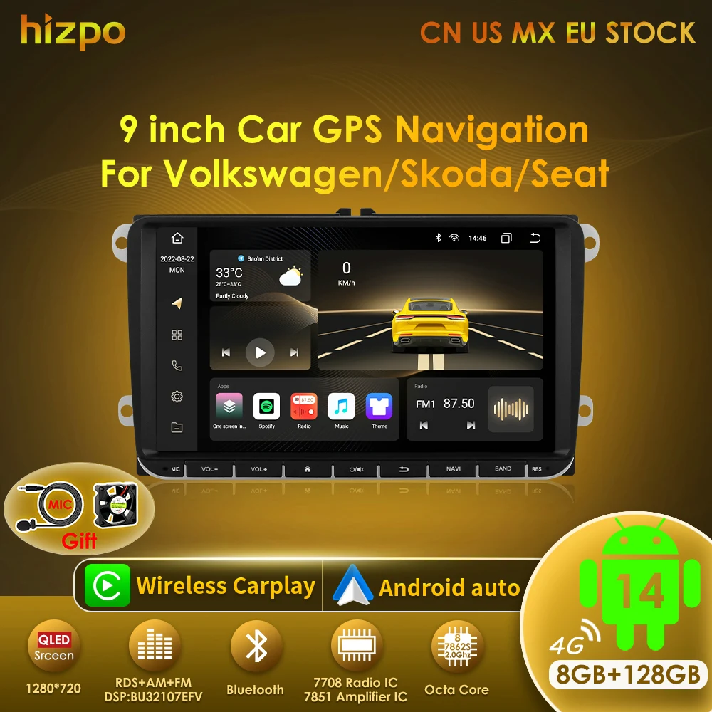 Image of Hizpo Auto-Multimedia-Player 2din Android 14 Radio für VW Volkswagen Golf Polo Skoda Rapid Octavia Passat B6 7 Tiguan Carplay GPS