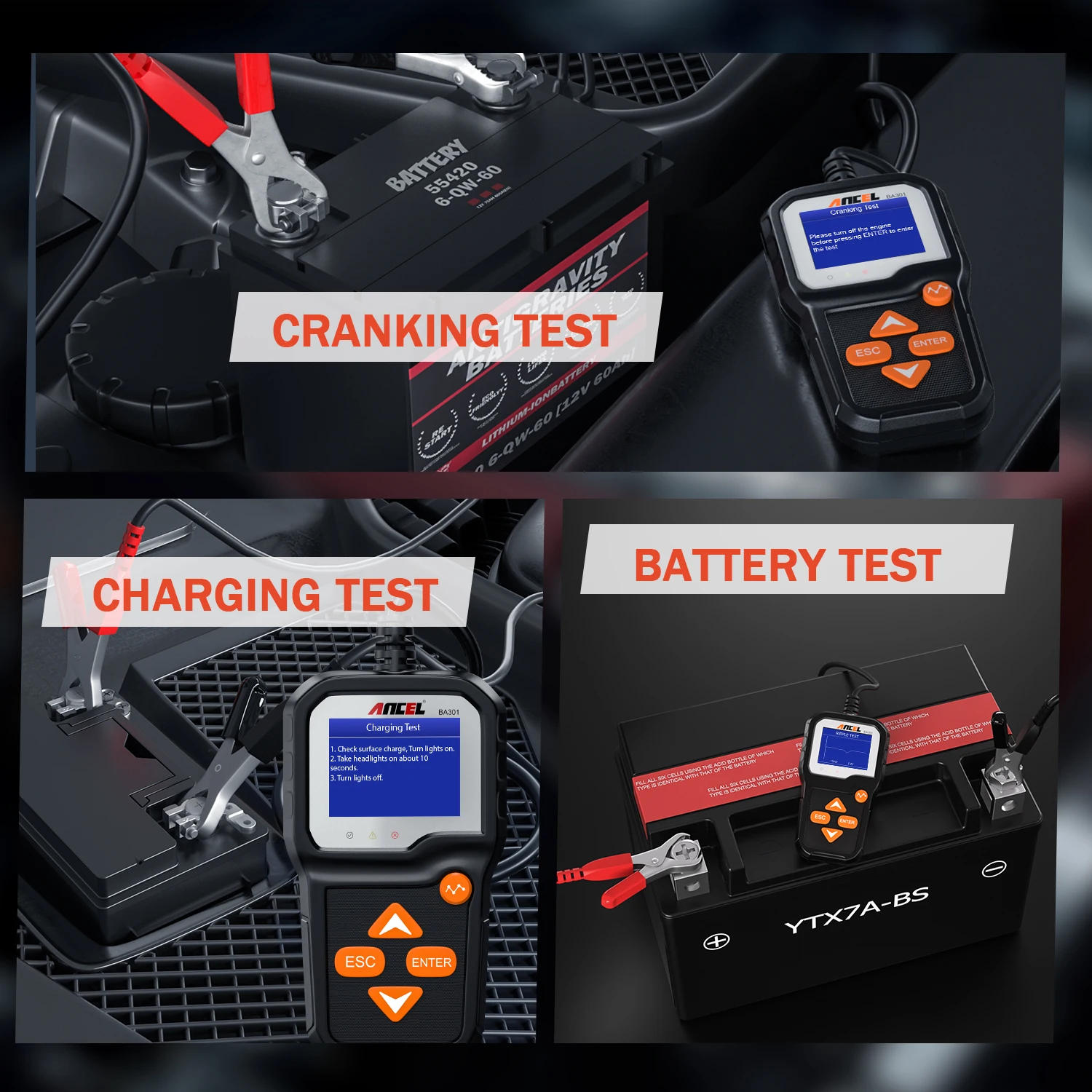 ANCEL BA301 6V 12V Car Battery Tester Analyzer Automotive Battery Cranking Charging load Circuit Test Tools for Car/Motorcycle