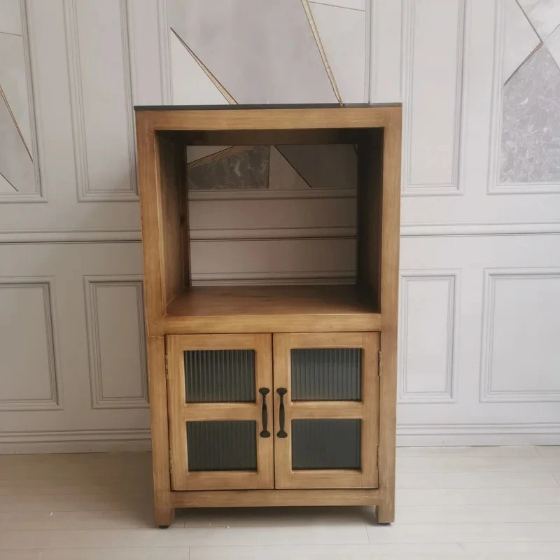 American retro solid wood dining side cabinet stove microwave oven cabinet room living room locker
