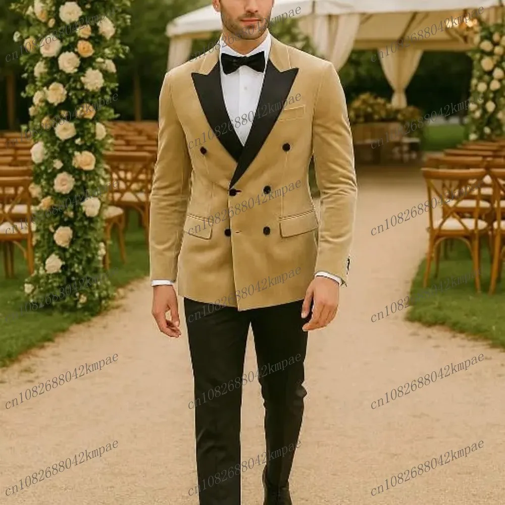 

Новый черный и бежевый бархатный мужской деловой костюм для жениха, жениха, свадебной вечеринки, выпускного вечера, мужской деловой костюм, комплект из 2 предметов, блейзер, брюки