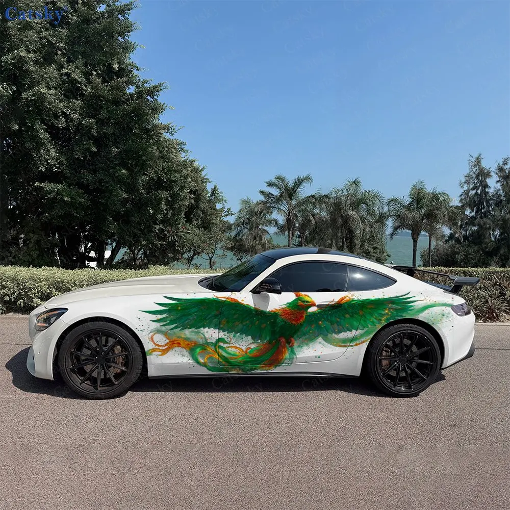 2pcs Green Golden Feather Phoenix Car Side Wraps, Self-Adhesive PVC Waterproof & Scratch-Resistant Stickers, Car Accessory Gift