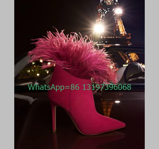 

Lady fur feather bright pink suede ankle boots pointed toe stiletto heel new arrive boots daily causal dress boots size 35-46