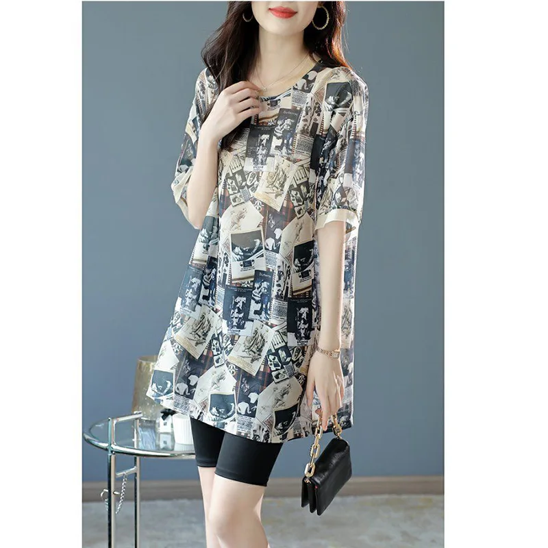 Vintage Printed O-Neck Spliced Loose Diamonds Blouse Women\'s Clothing 2023 Summer New Oversized Casual Pullovers Commute Shirt