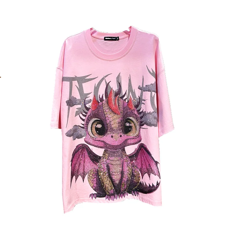 Cartoon Dinosaur Loose Pink Short Sleeve T-shirt Female Summer New Fashion Brand Hot Drilling Shiny Cotton Round Neck T-shirt