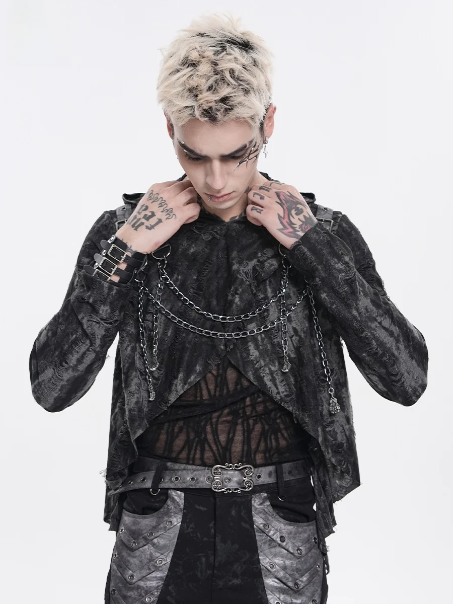 Devil Fashion Devilish Dual-tone Hooded Long Sleeve T-shirt Tear Stripe Design Polyester Cotton Blend Punk Style round Neck
