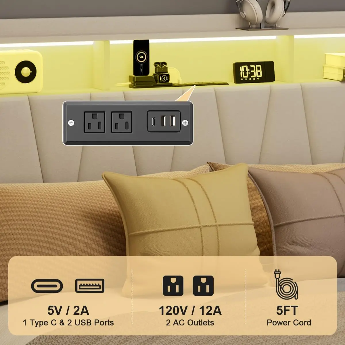 King Upholstered Bed Frame with 2 Drawers & Storage Headboard, Velvet Platform with LED Lights & USB Charging, Customized