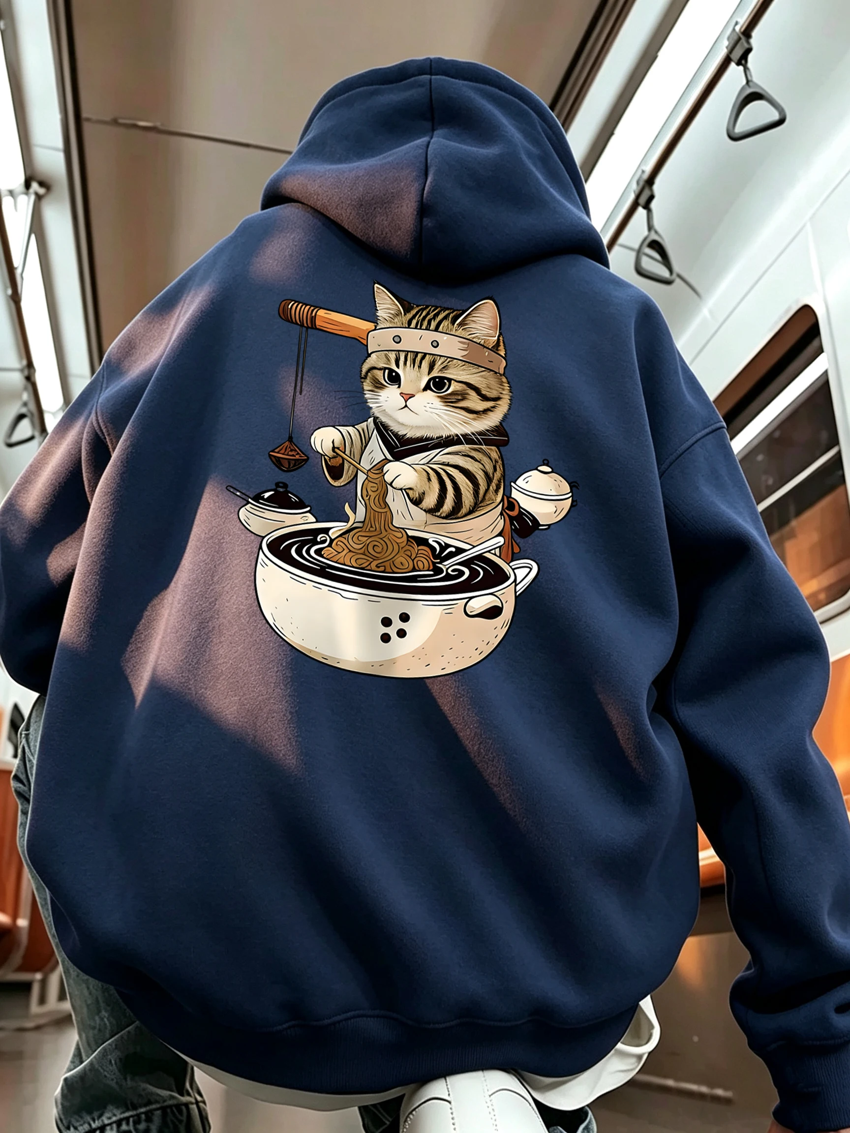 Master Cat Is Making Lamian Noodles Printed Men Sport Hoody Loose Korean Tops Casual Fleece Sportswear All-Match Pocket Pullover