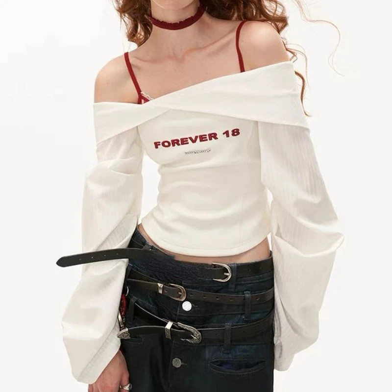 Y2k Aesthetic Letter Embroidery Women Blouse 2024 Slim Grunge Slash Neck Crop Shirt Harajuku Lantern Sleeve Streetwear Blusas