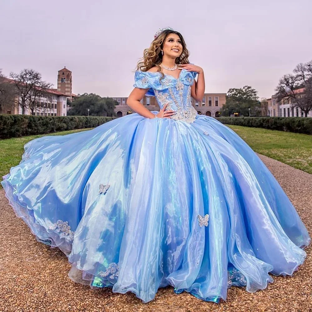 

Light Blue 3D Butterfly Organza Ball Gown Quinceanera Dresses Off The Shoulder Appliques Lace Corset Vestidos De 15 Anos