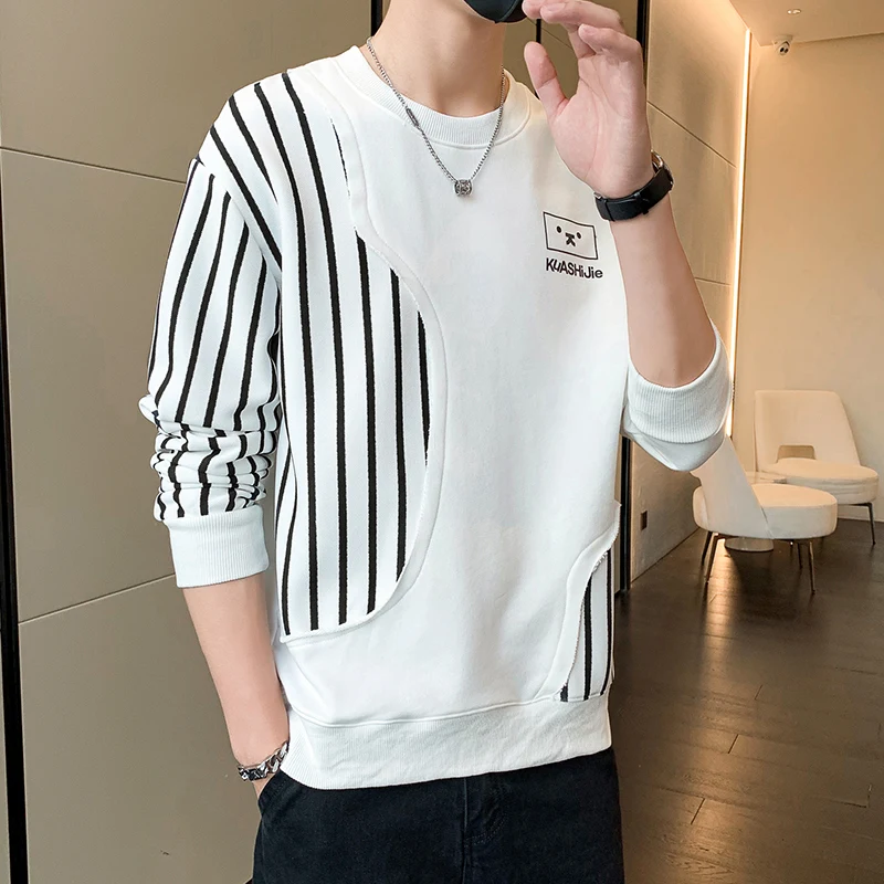 Fashion and Casual 2023 Autumn and Winter Men's Pullover Round Neck Letter Printed Contrast Loose Sweater Long Sleeved Tops