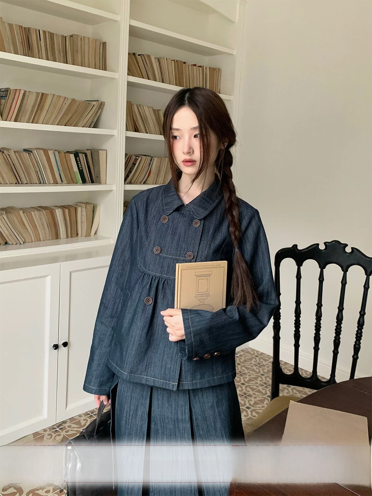 

MUCHA Wood Tea Women's Spring Loose Slimming Long A-Line Skirt And Denim Jaet Doll Collar Faion Set Casual Sweet Sle