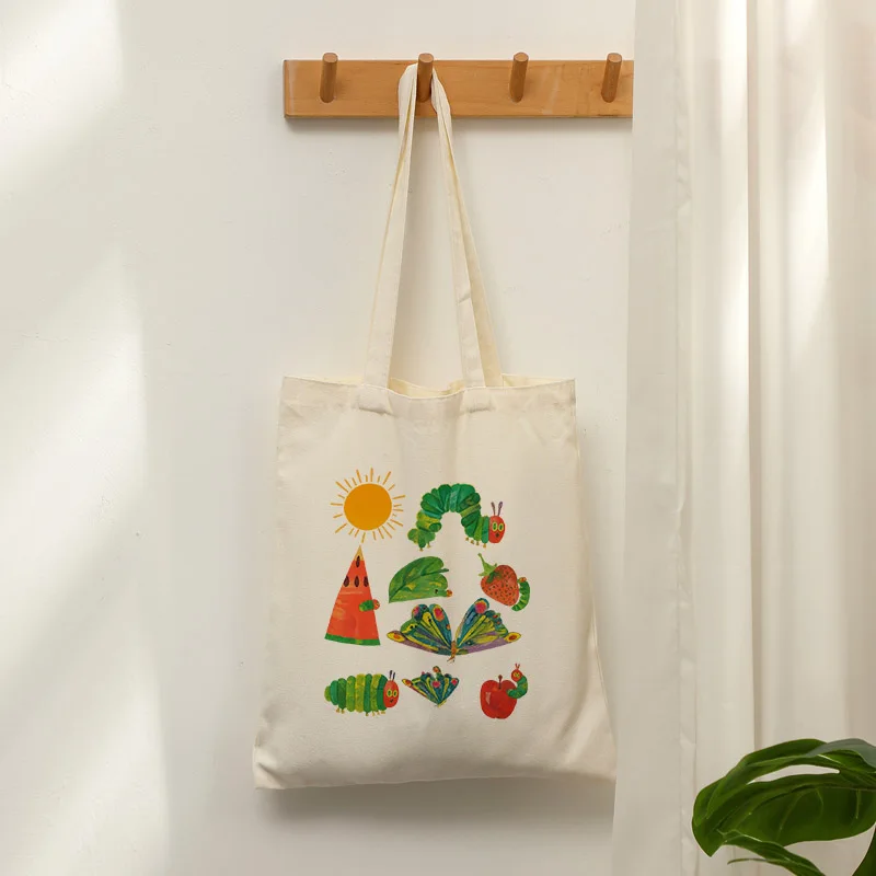 Hungry Caterpillar Teacher Canvas Tote Bag, Vintage Personalized Custom Shoulder Bag Reusable Shopping Bag for Women