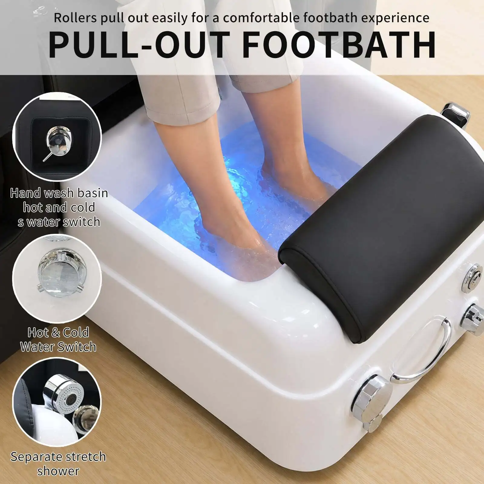 Electric Pedicure Chair No Plumbing Black Reclining Foot Spa Massage Chair Pull Out Tub USB Port Back Massage Nail Salon