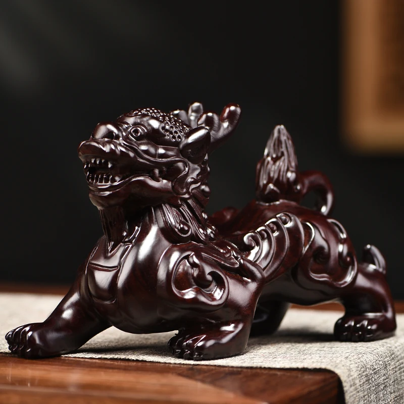 

Ebony wood carving, Pixiu ornaments, home accessories, wooden male and female, a pair of unicorn and double-horned Pixiu