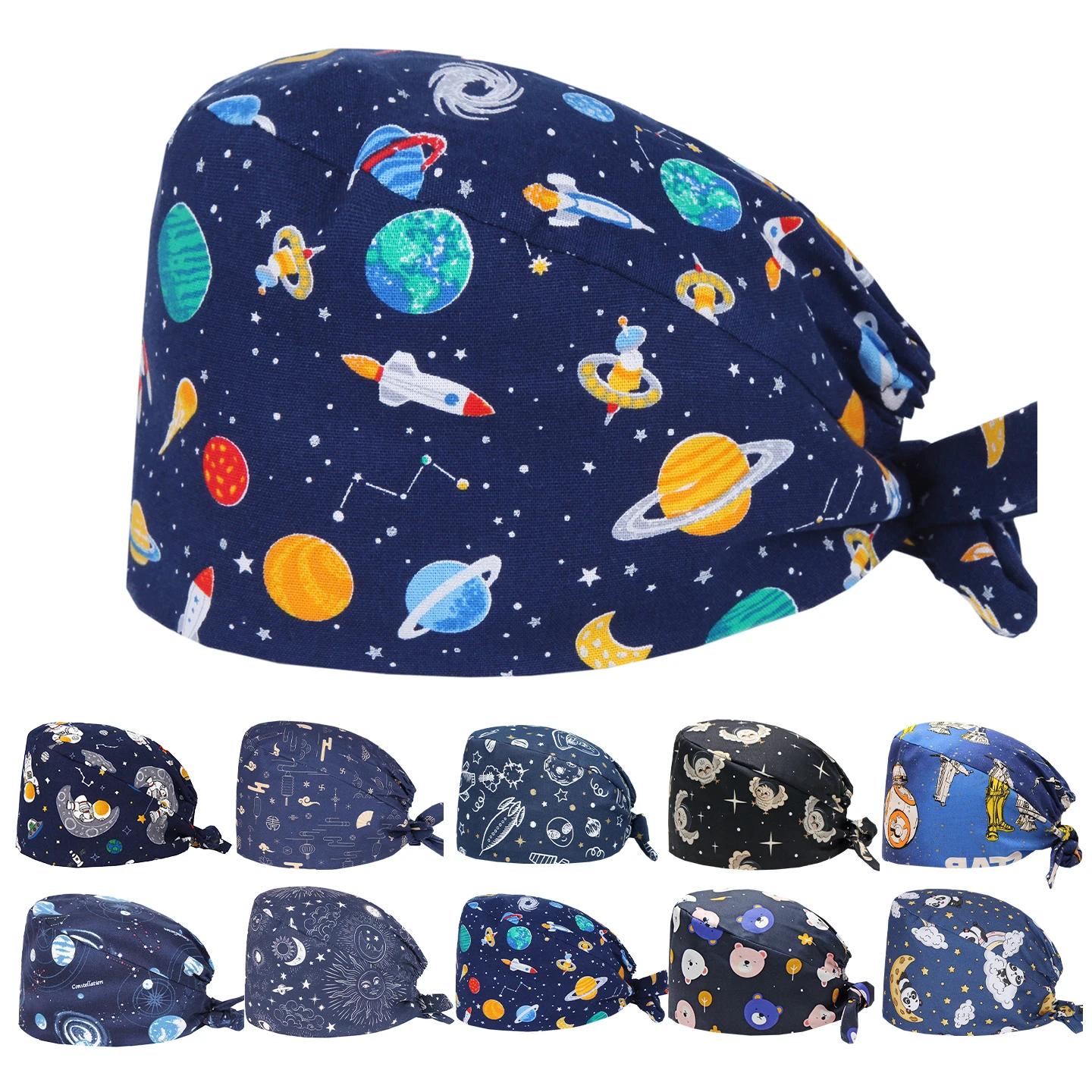Starry Sky and Space Pattern Series Printed Surgical Hat Scrub Cap Long h]Hair Medical Cap Cosmetic Dentistry Doctors Scrub Hats