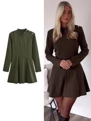 TRAF 2024 Autumn Women Golden Button Pleated Dress Elegant Long Sleeve  Casual Mini Dress Female Fashion Folds Party Dress