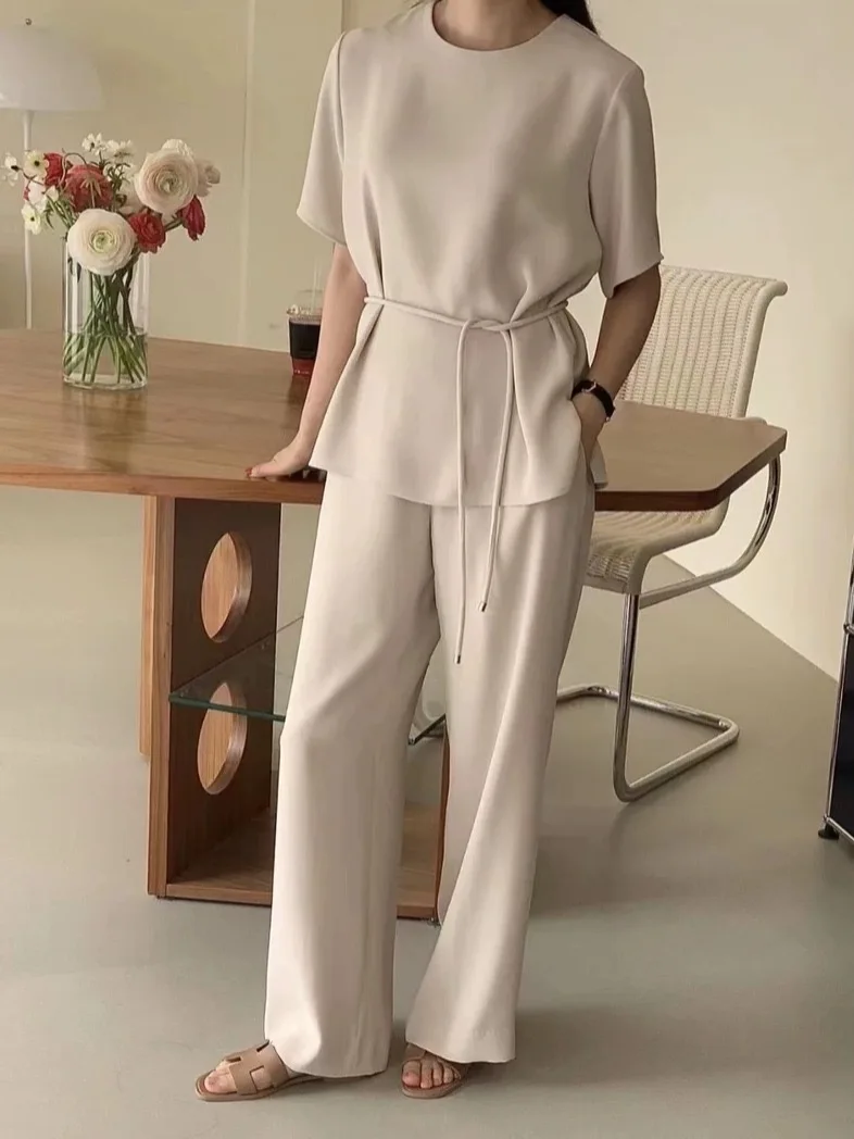 

SuperAen корейский нишевый дизайн рубашка на шнуровке широкие брюки повседневный комплект комплект из двух предметов для женщин