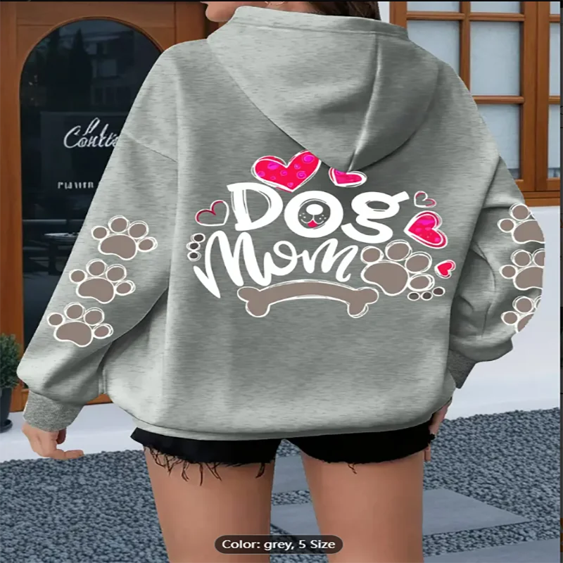 

Women's Dog Mom Graphic Hoodie | Casual Pullover with Paw Prints Hearts Kangaroo Pocket Drawstring Hood Machine Washable Season