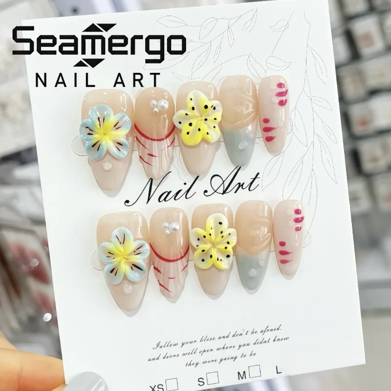 

24PCS Almond Press on Nails Colorful Island Vacation Style Blue Gradient French Fake Nails 3D Sweet Flower Shell Wearable Nails