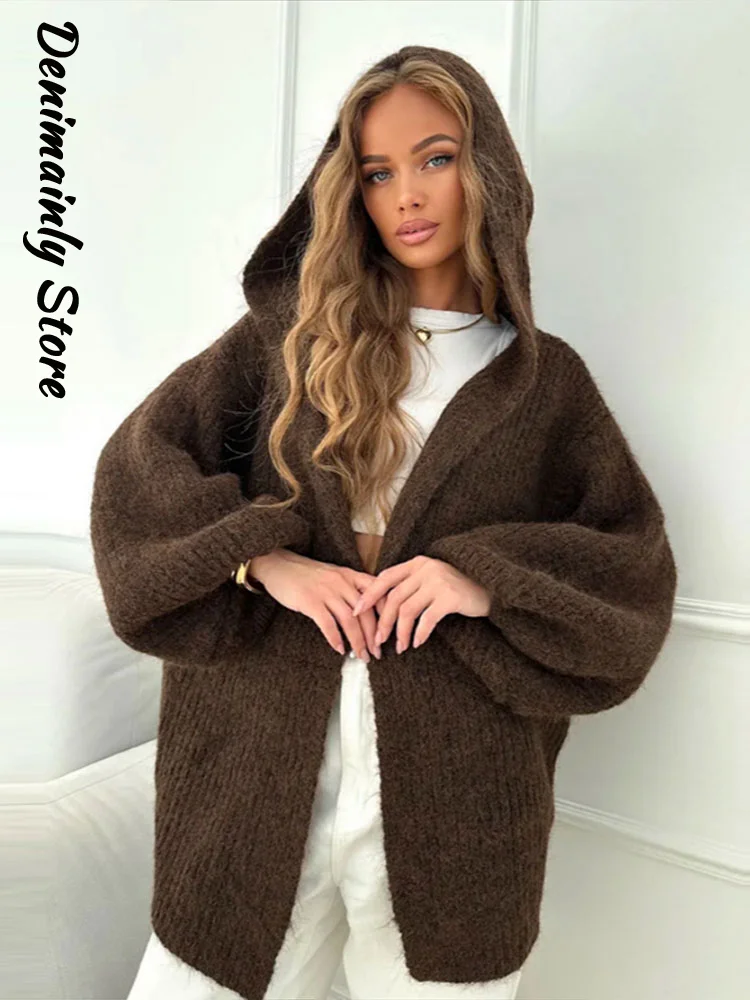 Street Women's Solid Knit Hooded Cardigan Loose Lantern Long Sleeve Female Sweater 2026 Autumn Lady Chic All-match Warm Knitwear