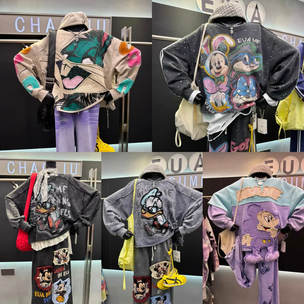 

Свободная и универсальная женская футболка в европейском и американском стиле с вышивкой в тяжелой промышленности и мультяшным принтом, дизайнерская толстовка с капюшоном