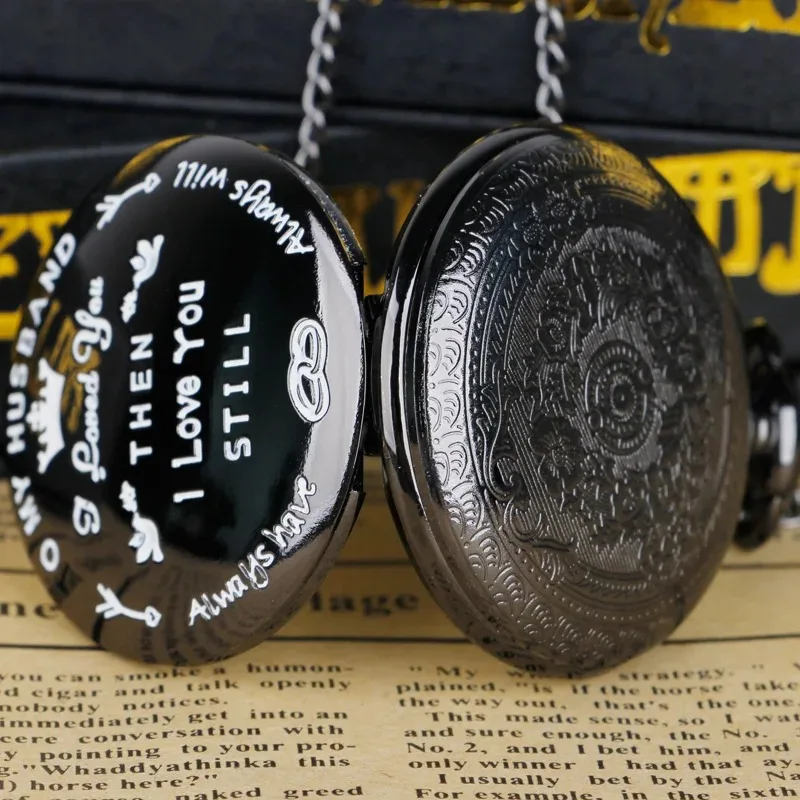 ساعة جيب كوارتز سوداء Steampunk "إلى زوجي" ساعة رجالية تذكارية أفضل الهدايا للرجال زوج قلادة على مدار الساعة