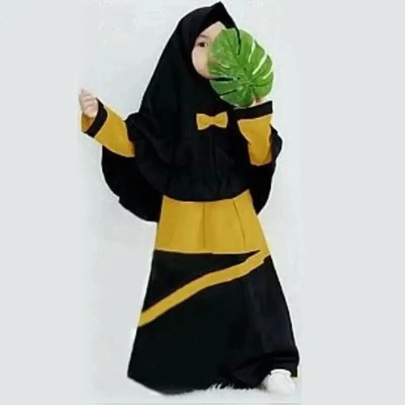 Islamic Muslim Prayer Dress Abaya for Girls Baby Kids 1-10Y Arab Middle East Ramadan Clothes Black Yellow Contrast Color 2pc Set