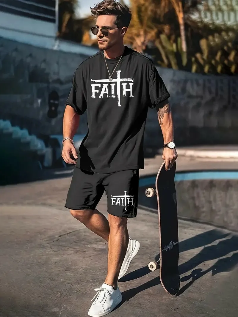 Mens Faith Print Sport 2 Piece Set Men T-shirt + Trousers Suit Casual Short Tracksuit  Vintage Outfit Sportswear Male Clothing