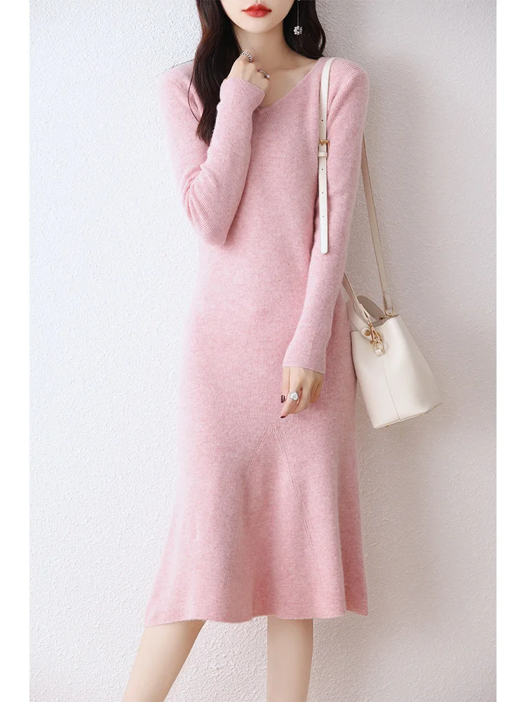 Autumn/Winter V-neck Mid Length 100%Wool Dress Women Slim Fit Knitted Bottom Fishtail Skirt Versatile Over the knee Long Sweater