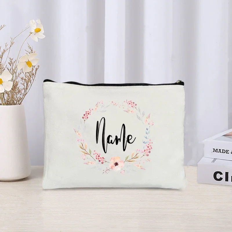 Wreath Personalized Bride Name Bag Custom Makeup Pouch Bachelorette Party Gift Wedding Organizer Bridesmaid Gifts Proposal Case