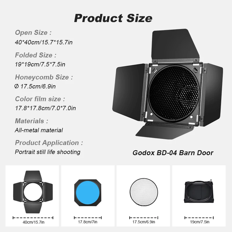 Soopho BD-04 Barn Door Bowens+Honeycomb Grid + 4 Color Filte