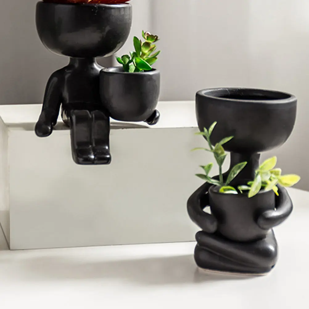2Pcs Ceramic Flowerpot Human Shape Planter Pot for Succulents Herbs Ferns Home Office Desk Balcony Decor Modern Colorful Gift