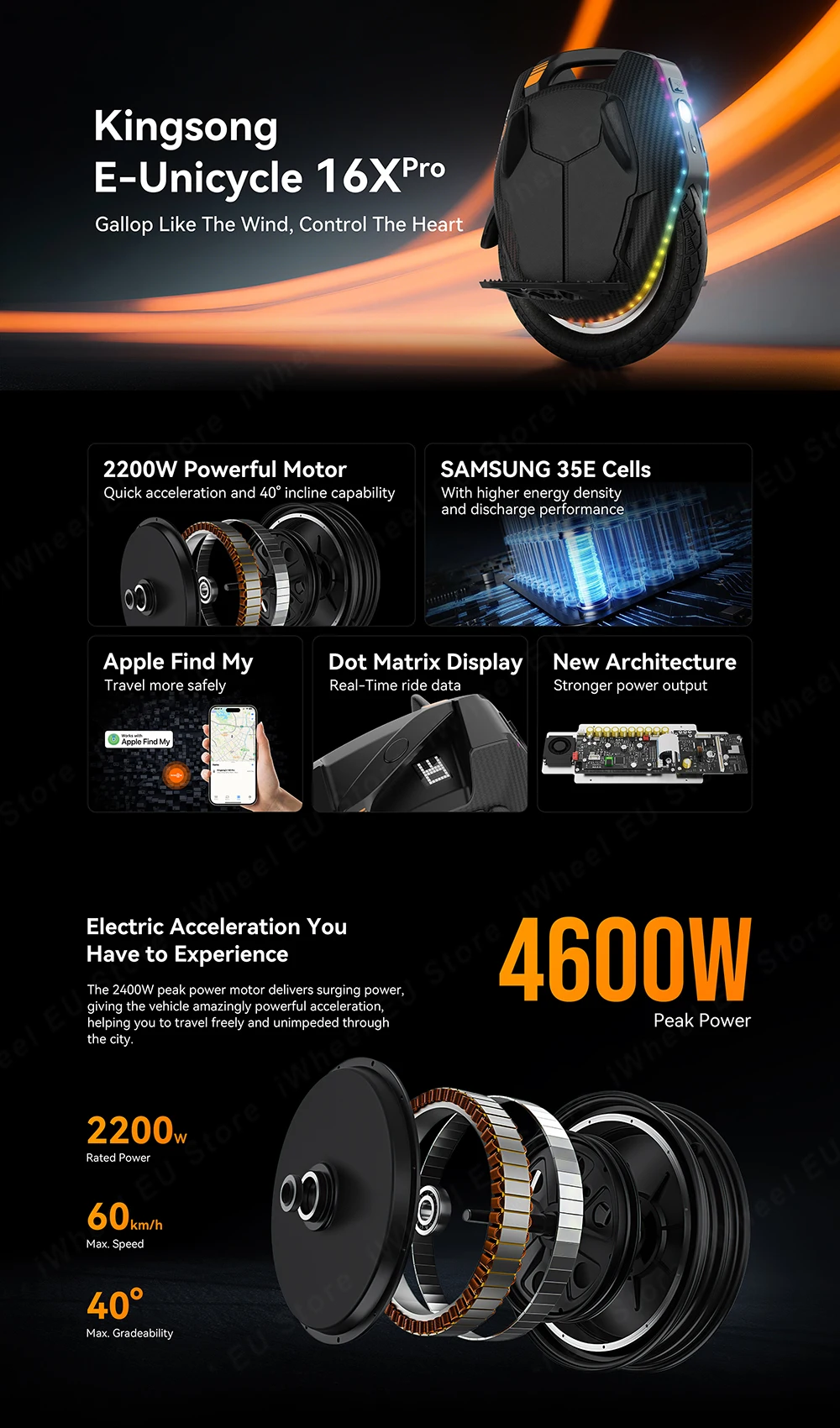 EU-Lager Kingsong 16X Pro 84V 1554Wh Akku 2200W Motor 60Km/h Höchstgeschwindigkeit 16*3-Zoll-Reifen 160Km Reichweite KS 16X Pro mit Wabenpedalen – Detail 15
