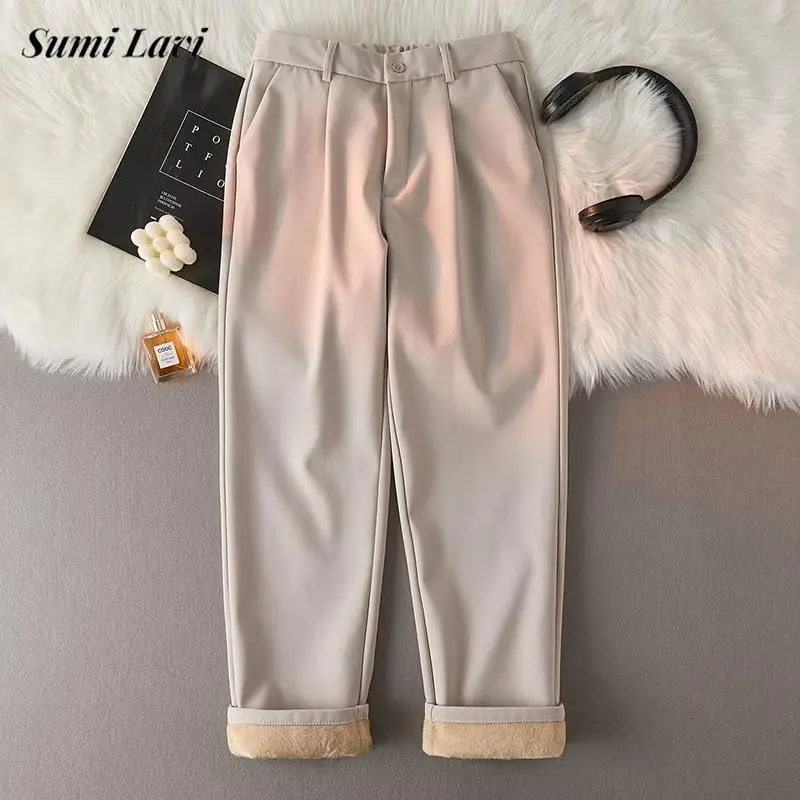 

2025 Fall Winter Warm Fleece Lining Pants Men Streetwear Vintage Solid Color Slim Straight Trousers Mens Casual Fleece Trousers