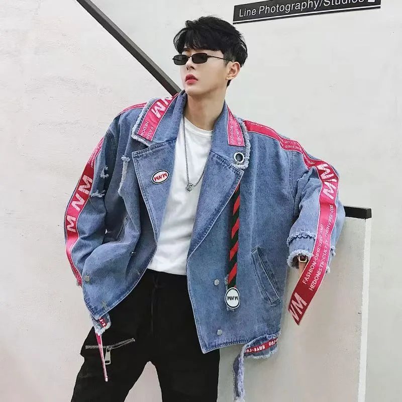 

European and American fashion casual personality ribbon denim men jacket 2025 gothic Harajuku top clothing couples loose jacket