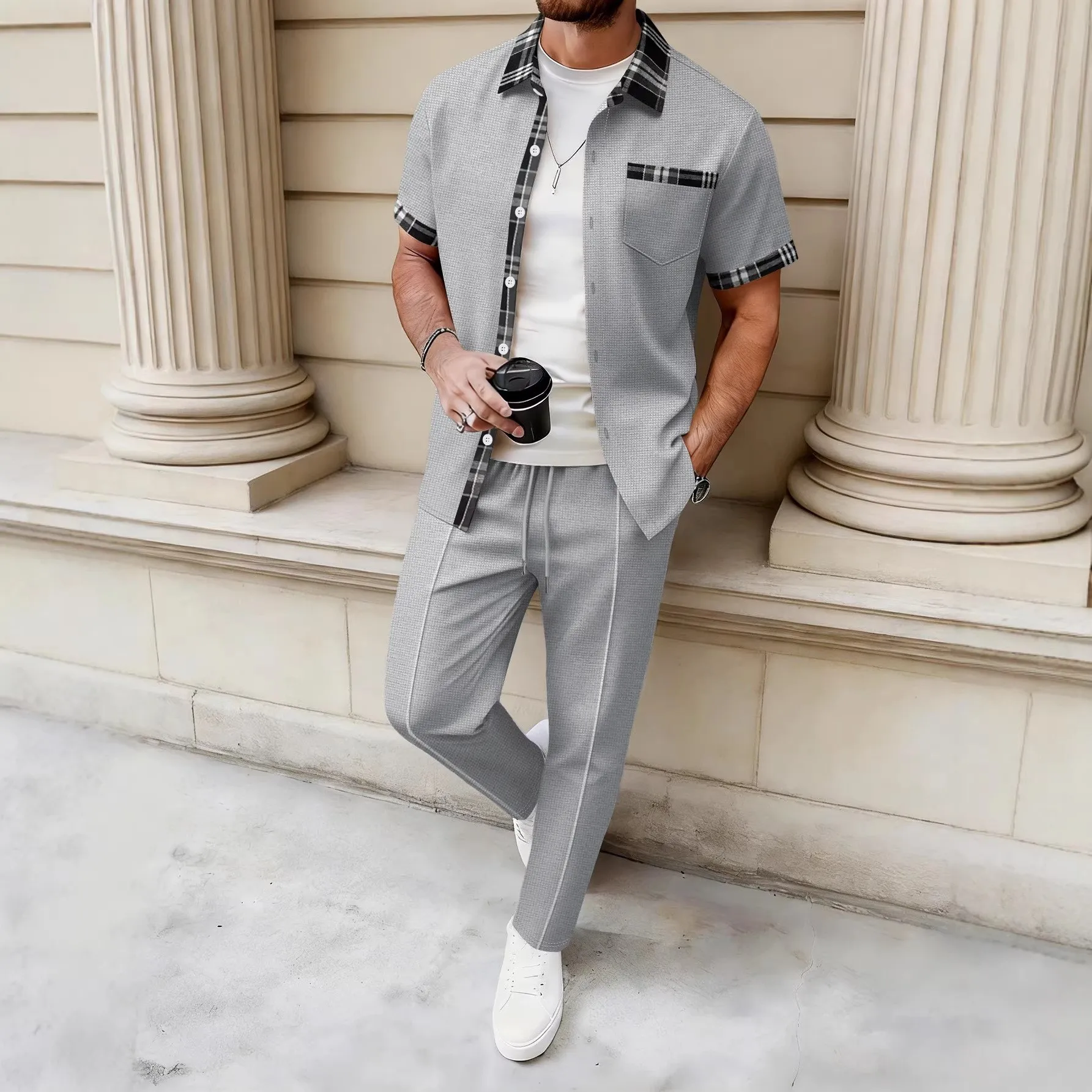 Image of 2026 Neues Herren 2-Teiliges Outfit Waffelstrick Kurzarm-Hemd & Hosen Set Lässiger Streetwear Trainingsanzug