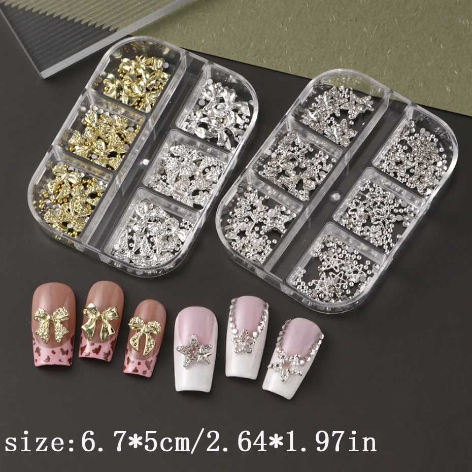 6-Gürtel, goldene, silbrige Metallschleife, Knoten und Stern, Nageldekoration, niedliche Schleife, Punk-Stern mit kleinem Stahlkugel-Design, DIY-Nageldekoration – Detail 8