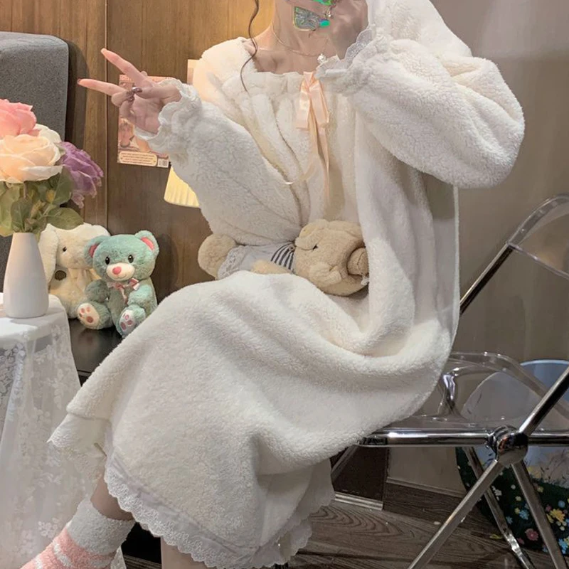 Fleece Women Nightgown Korean Lace Sleepwear Bow Winter Night Dress Knee Length One Piece Pajamas Solid Warm Home Wear 2024 New