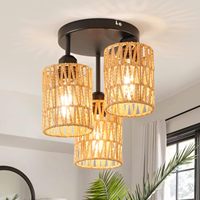 Ceiling Light 3 Lights,Vintage Retro 3 Way Lamp Shades Ceiling,Fiber Rope Cage Shade Hanging Pendant Ceiling Lights