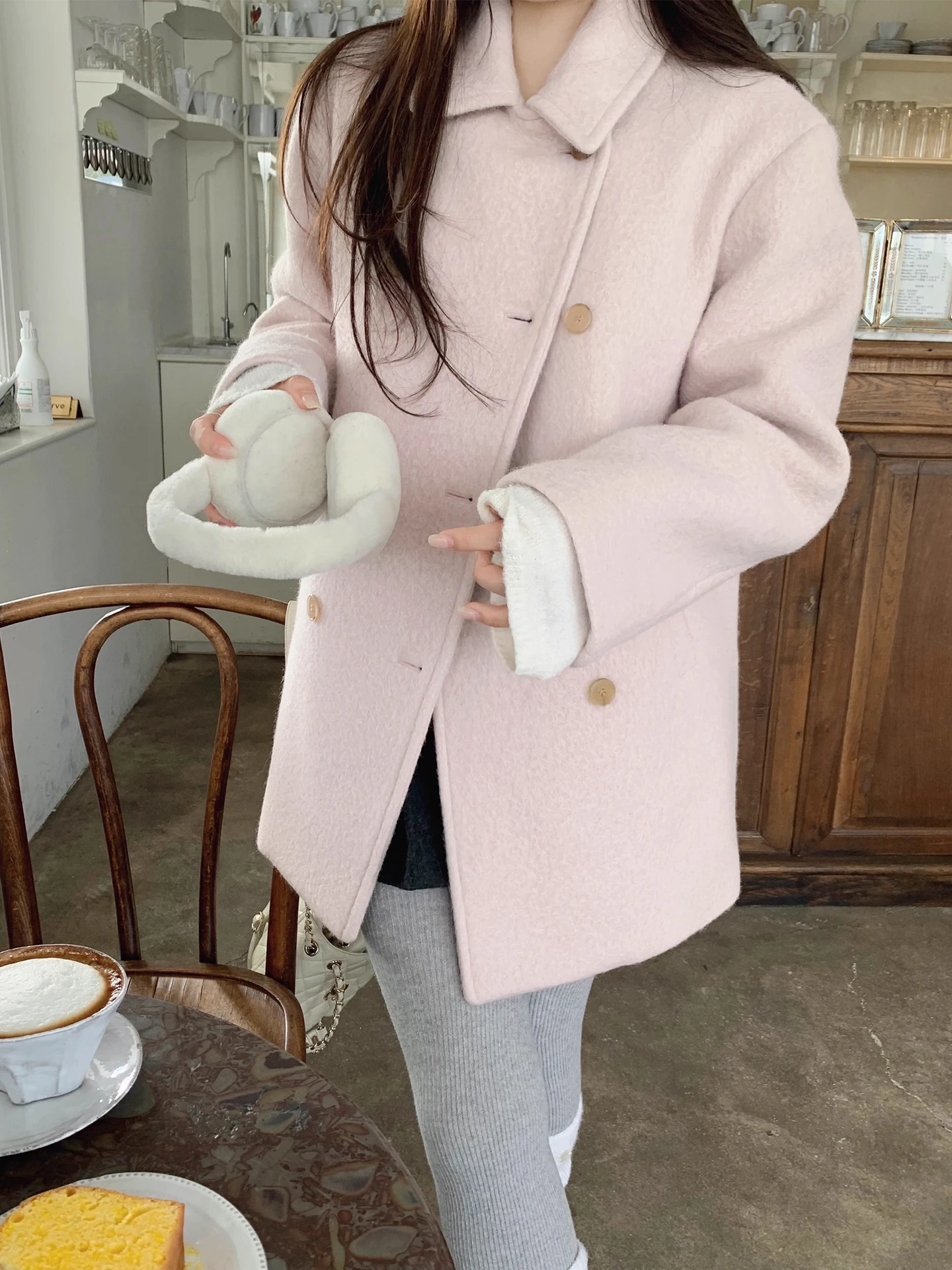 Clothland Elegancka damska wełniana kurtka dwurzędowa z długim rękawem, słodkie zimowe płaszcze damskie Mujer CB208