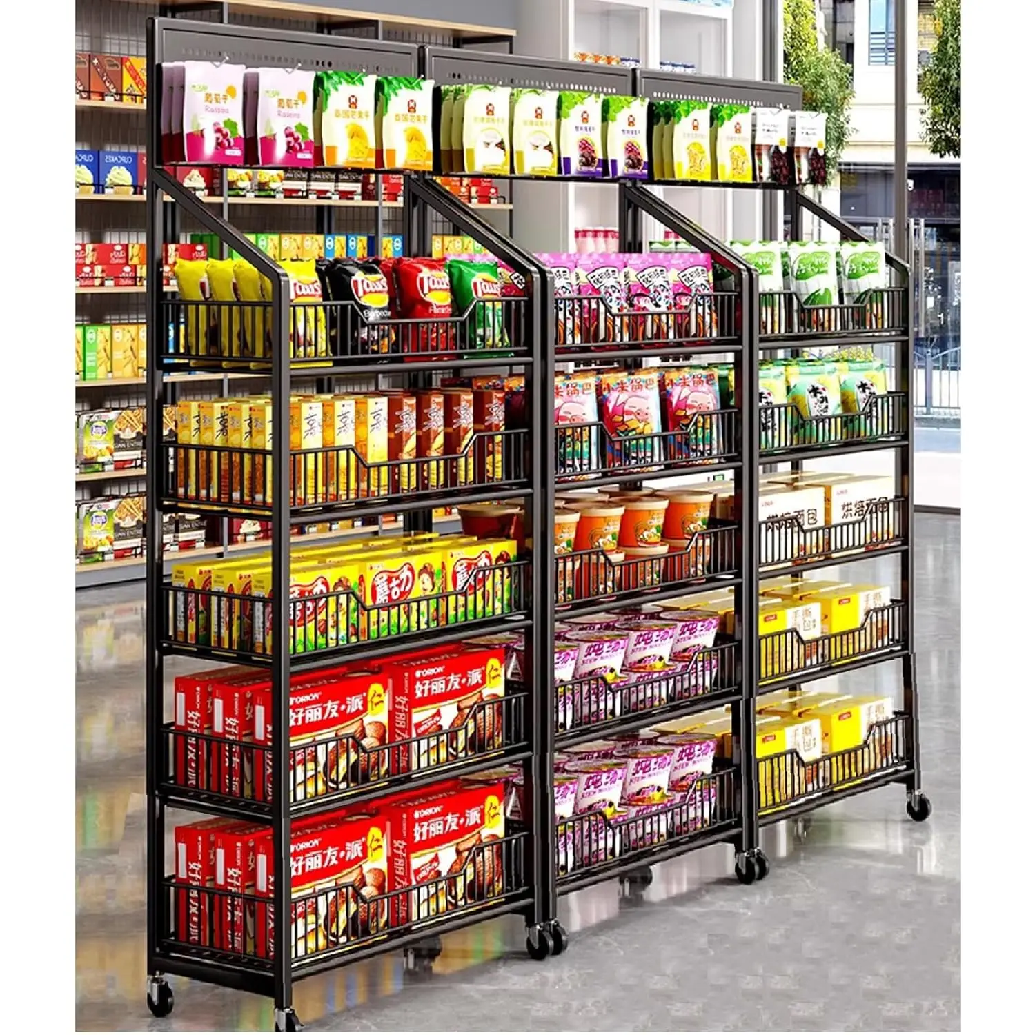 5 Tier Retail Display Rack, Metal Wire Storage Shelves With Wheels, Candy Chip Snack Organizer Stand With 15 Hooks For Kitchen